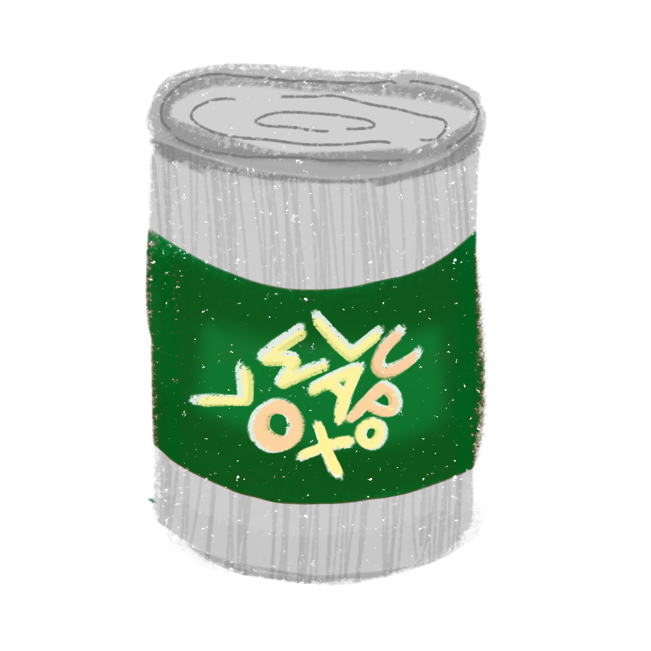 a can of soup with a green label. The label contains tan letters  arranged in a seemingly random order.  The can is grey. 